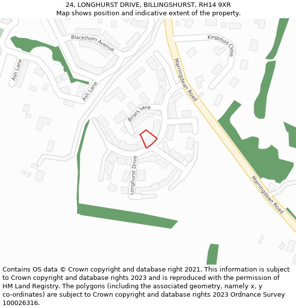 24, LONGHURST DRIVE, BILLINGSHURST, RH14 9XR: Location map and indicative extent of plot