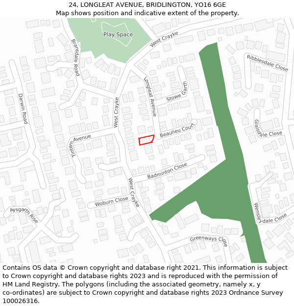 24, LONGLEAT AVENUE, BRIDLINGTON, YO16 6GE: Location map and indicative extent of plot