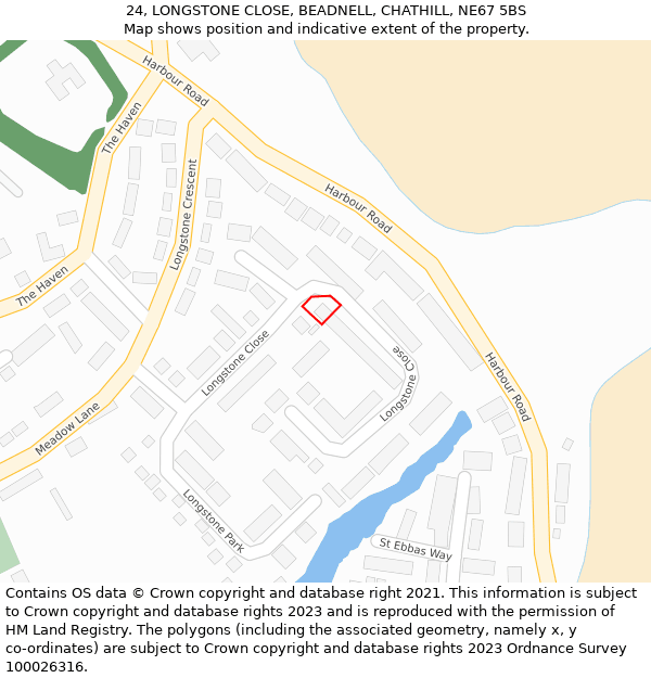 24, LONGSTONE CLOSE, BEADNELL, CHATHILL, NE67 5BS: Location map and indicative extent of plot