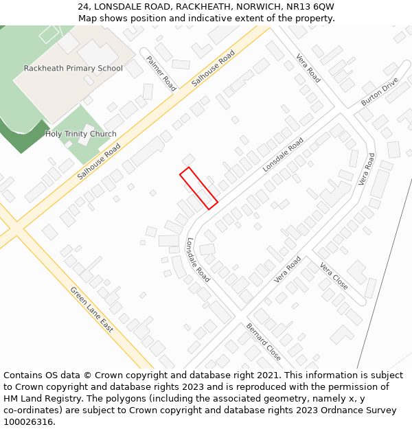 24, LONSDALE ROAD, RACKHEATH, NORWICH, NR13 6QW: Location map and indicative extent of plot