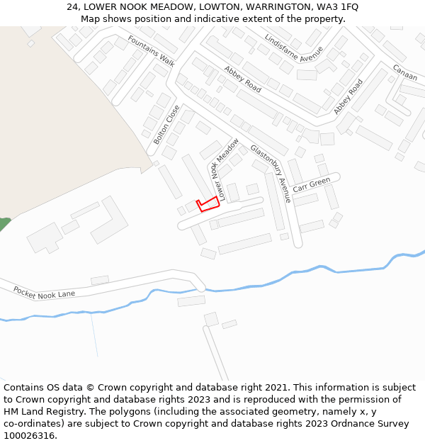 24, LOWER NOOK MEADOW, LOWTON, WARRINGTON, WA3 1FQ: Location map and indicative extent of plot