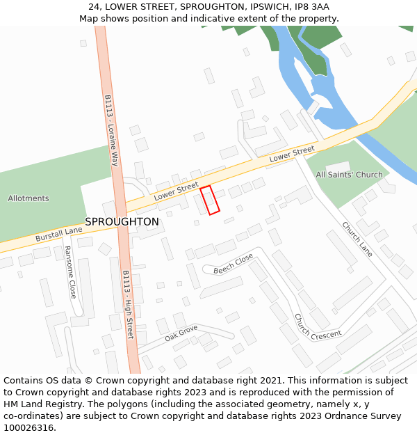 24, LOWER STREET, SPROUGHTON, IPSWICH, IP8 3AA: Location map and indicative extent of plot