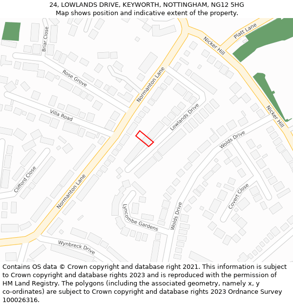 24, LOWLANDS DRIVE, KEYWORTH, NOTTINGHAM, NG12 5HG: Location map and indicative extent of plot