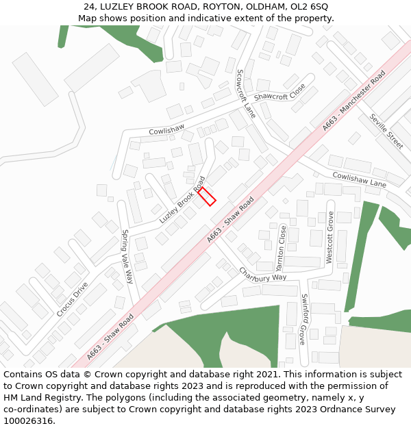 24, LUZLEY BROOK ROAD, ROYTON, OLDHAM, OL2 6SQ: Location map and indicative extent of plot