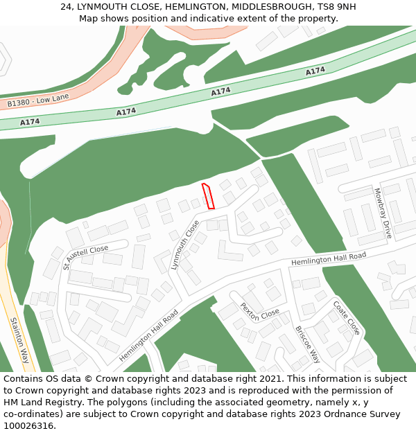 24, LYNMOUTH CLOSE, HEMLINGTON, MIDDLESBROUGH, TS8 9NH: Location map and indicative extent of plot