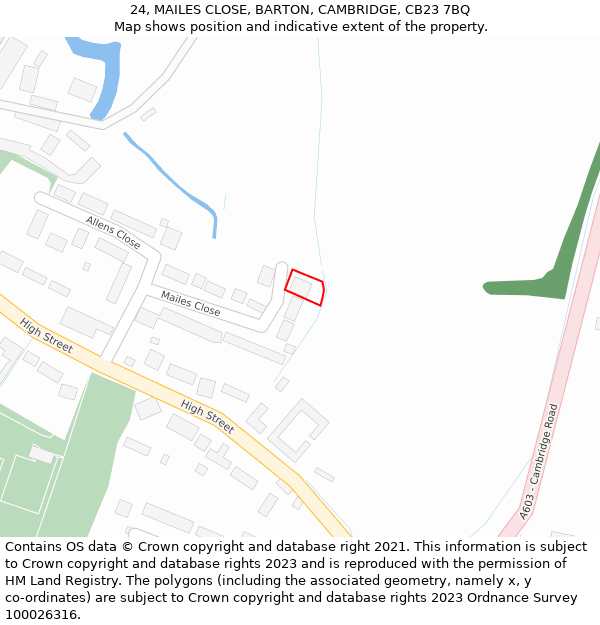 24, MAILES CLOSE, BARTON, CAMBRIDGE, CB23 7BQ: Location map and indicative extent of plot