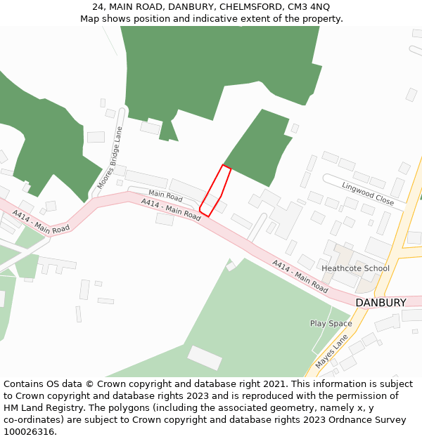 24, MAIN ROAD, DANBURY, CHELMSFORD, CM3 4NQ: Location map and indicative extent of plot