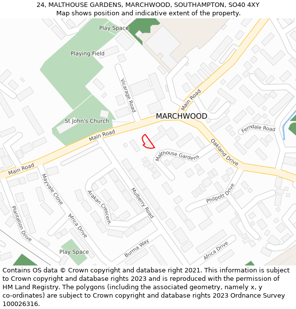 24, MALTHOUSE GARDENS, MARCHWOOD, SOUTHAMPTON, SO40 4XY: Location map and indicative extent of plot