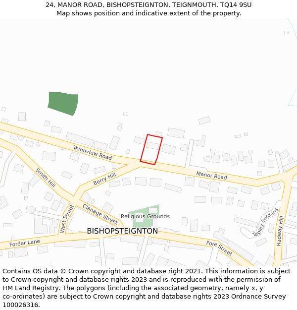 24, MANOR ROAD, BISHOPSTEIGNTON, TEIGNMOUTH, TQ14 9SU: Location map and indicative extent of plot