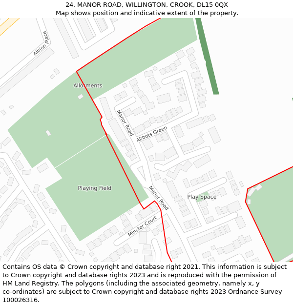 24, MANOR ROAD, WILLINGTON, CROOK, DL15 0QX: Location map and indicative extent of plot