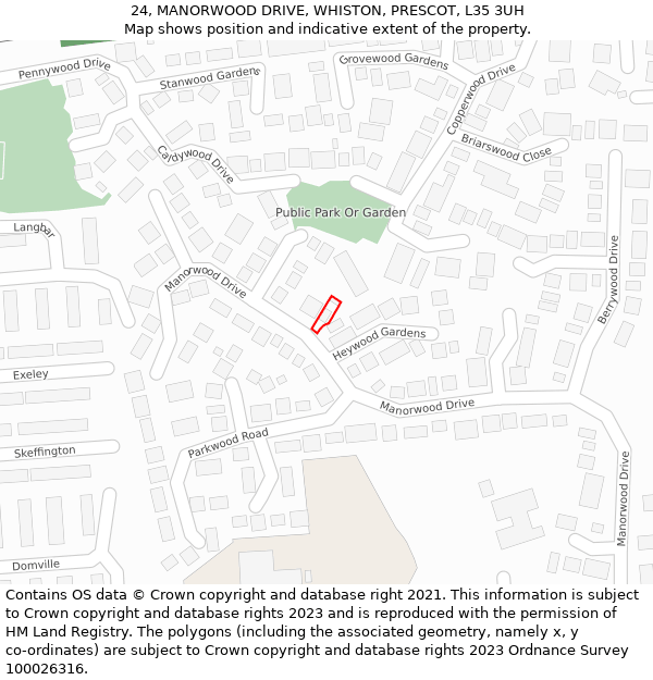 24, MANORWOOD DRIVE, WHISTON, PRESCOT, L35 3UH: Location map and indicative extent of plot
