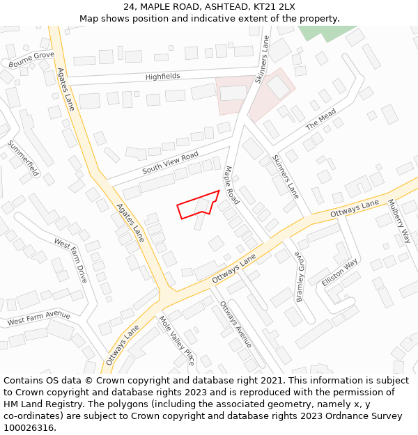 24, MAPLE ROAD, ASHTEAD, KT21 2LX: Location map and indicative extent of plot