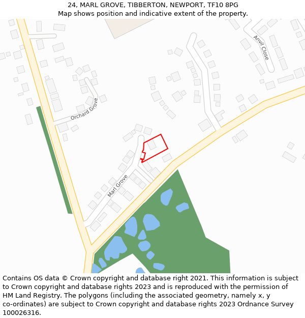 24, MARL GROVE, TIBBERTON, NEWPORT, TF10 8PG: Location map and indicative extent of plot