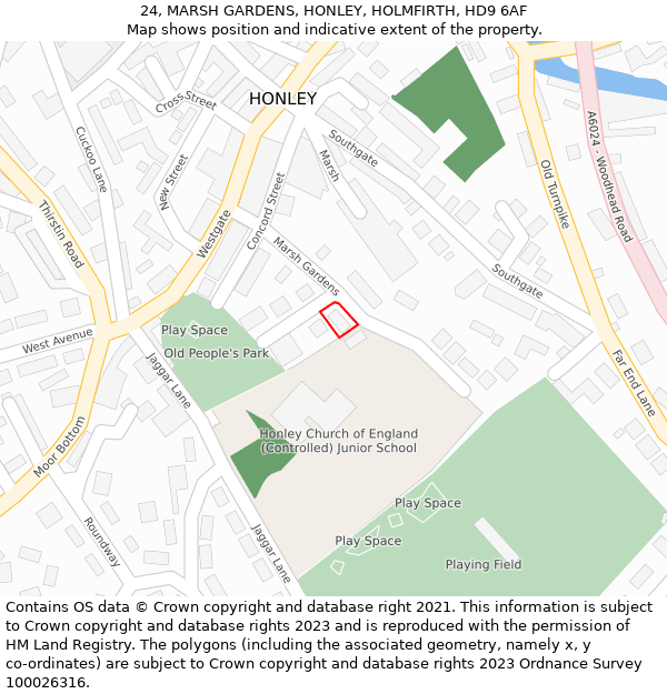 24, MARSH GARDENS, HONLEY, HOLMFIRTH, HD9 6AF: Location map and indicative extent of plot