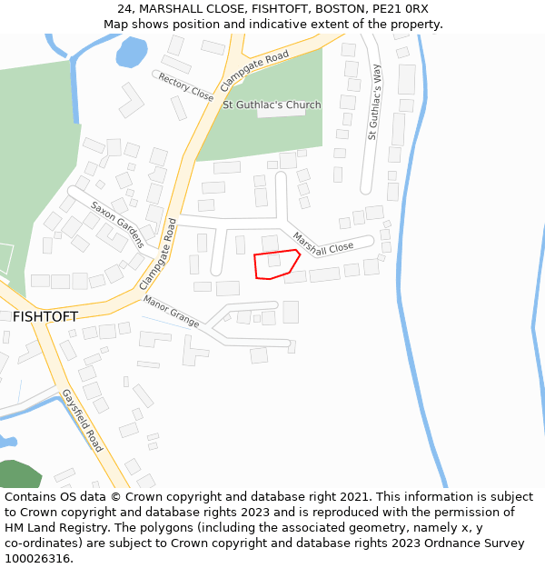 24, MARSHALL CLOSE, FISHTOFT, BOSTON, PE21 0RX: Location map and indicative extent of plot
