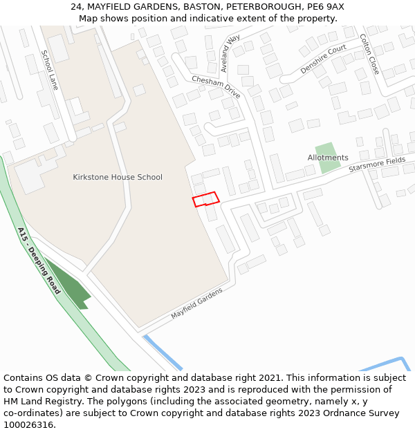 24, MAYFIELD GARDENS, BASTON, PETERBOROUGH, PE6 9AX: Location map and indicative extent of plot
