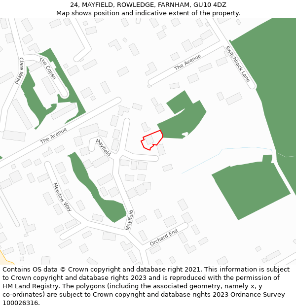 24, MAYFIELD, ROWLEDGE, FARNHAM, GU10 4DZ: Location map and indicative extent of plot