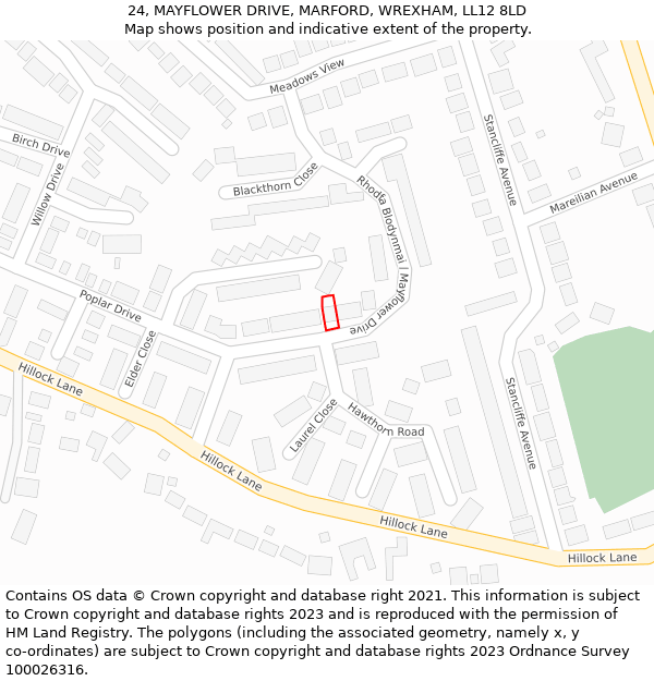 24, MAYFLOWER DRIVE, MARFORD, WREXHAM, LL12 8LD: Location map and indicative extent of plot