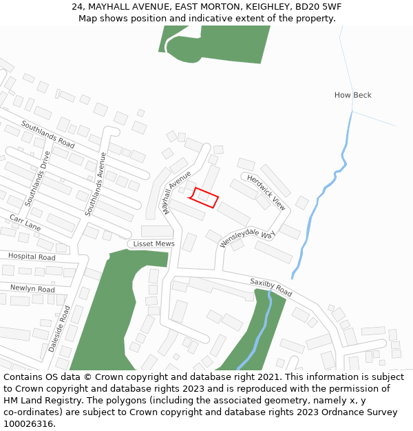 24, MAYHALL AVENUE, EAST MORTON, KEIGHLEY, BD20 5WF: Location map and indicative extent of plot