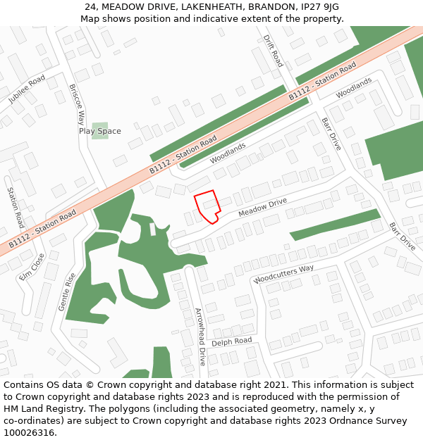 24, MEADOW DRIVE, LAKENHEATH, BRANDON, IP27 9JG: Location map and indicative extent of plot