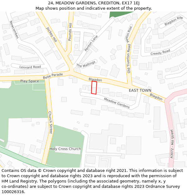 24, MEADOW GARDENS, CREDITON, EX17 1EJ: Location map and indicative extent of plot