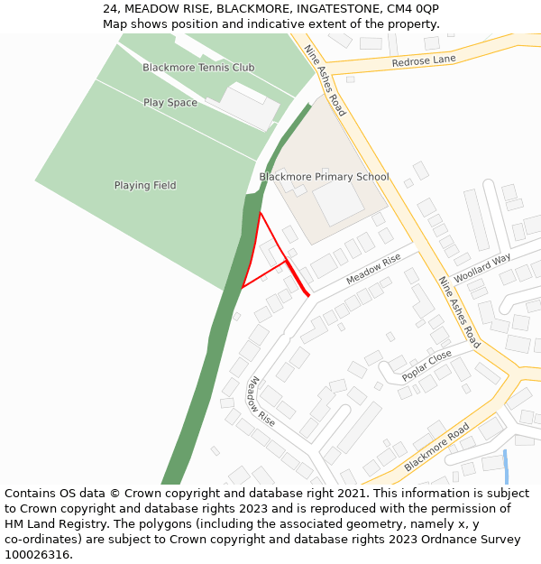 24, MEADOW RISE, BLACKMORE, INGATESTONE, CM4 0QP: Location map and indicative extent of plot