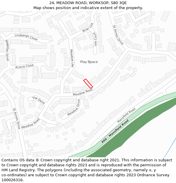 24, MEADOW ROAD, WORKSOP, S80 3QE: Location map and indicative extent of plot