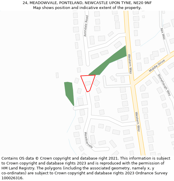 24, MEADOWVALE, PONTELAND, NEWCASTLE UPON TYNE, NE20 9NF: Location map and indicative extent of plot