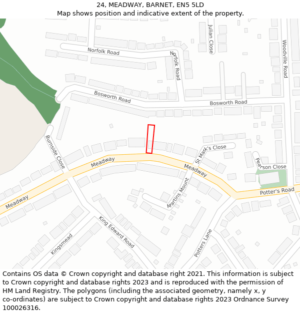 24, MEADWAY, BARNET, EN5 5LD: Location map and indicative extent of plot