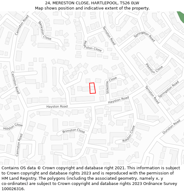 24, MERESTON CLOSE, HARTLEPOOL, TS26 0LW: Location map and indicative extent of plot