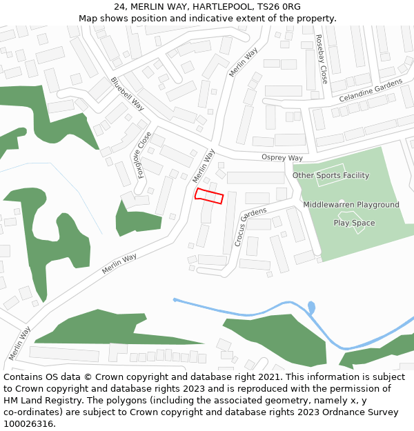 24, MERLIN WAY, HARTLEPOOL, TS26 0RG: Location map and indicative extent of plot