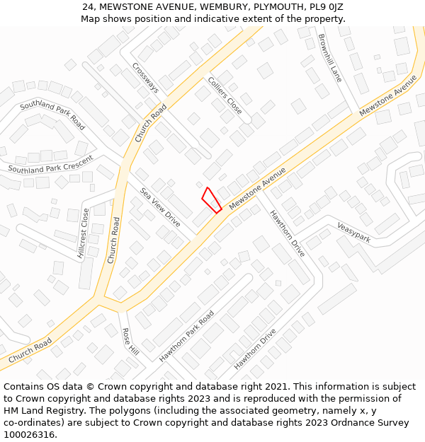 24, MEWSTONE AVENUE, WEMBURY, PLYMOUTH, PL9 0JZ: Location map and indicative extent of plot