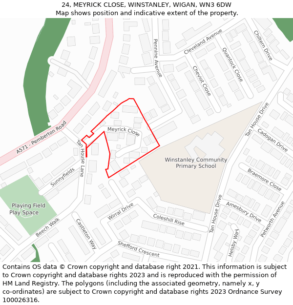 24, MEYRICK CLOSE, WINSTANLEY, WIGAN, WN3 6DW: Location map and indicative extent of plot