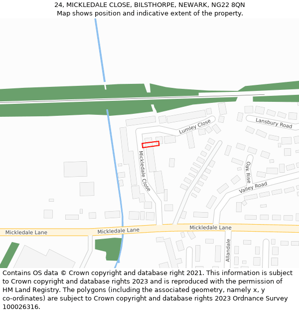 24, MICKLEDALE CLOSE, BILSTHORPE, NEWARK, NG22 8QN: Location map and indicative extent of plot