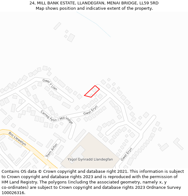 24, MILL BANK ESTATE, LLANDEGFAN, MENAI BRIDGE, LL59 5RD: Location map and indicative extent of plot