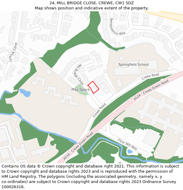 24, MILL BRIDGE CLOSE, CREWE, CW1 5DZ: Location map and indicative extent of plot