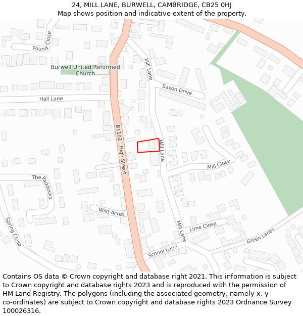 24, MILL LANE, BURWELL, CAMBRIDGE, CB25 0HJ: Location map and indicative extent of plot