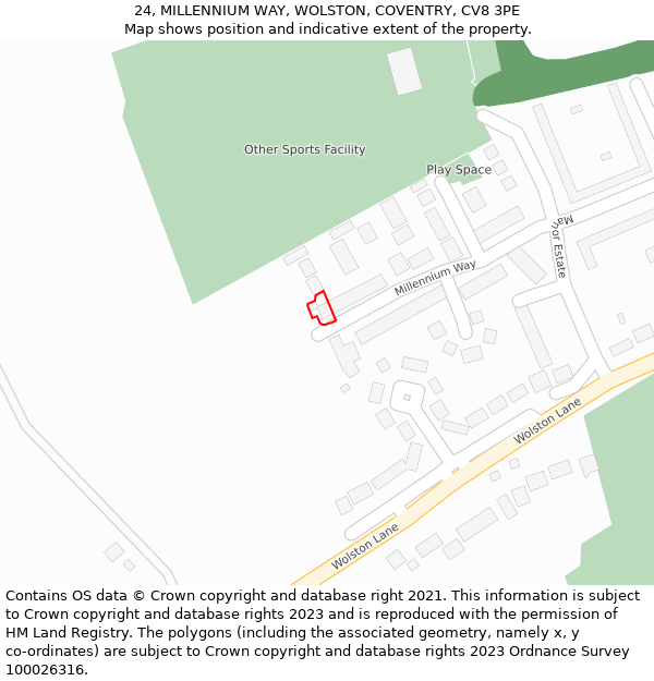 24, MILLENNIUM WAY, WOLSTON, COVENTRY, CV8 3PE: Location map and indicative extent of plot