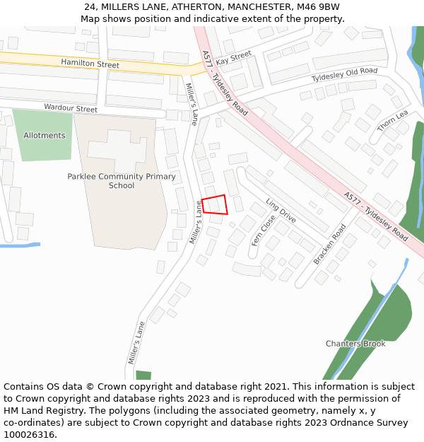24, MILLERS LANE, ATHERTON, MANCHESTER, M46 9BW: Location map and indicative extent of plot