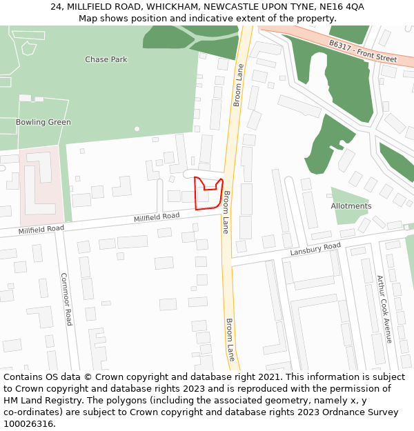 24, MILLFIELD ROAD, WHICKHAM, NEWCASTLE UPON TYNE, NE16 4QA: Location map and indicative extent of plot