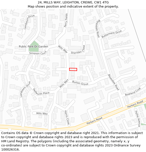 24, MILLS WAY, LEIGHTON, CREWE, CW1 4TG: Location map and indicative extent of plot