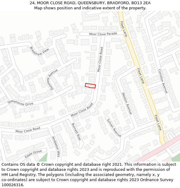 24, MOOR CLOSE ROAD, QUEENSBURY, BRADFORD, BD13 2EA: Location map and indicative extent of plot