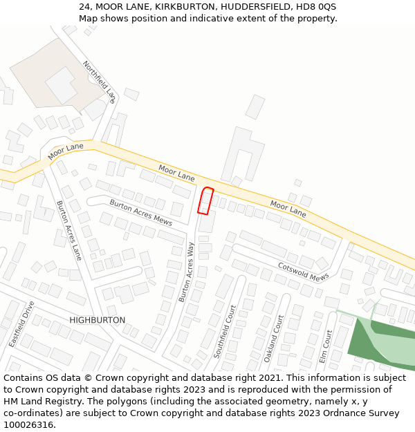 24, MOOR LANE, KIRKBURTON, HUDDERSFIELD, HD8 0QS: Location map and indicative extent of plot