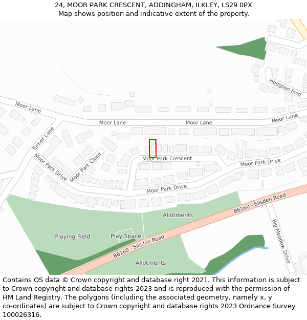 24, MOOR PARK CRESCENT, ADDINGHAM, ILKLEY, LS29 0PX: Location map and indicative extent of plot