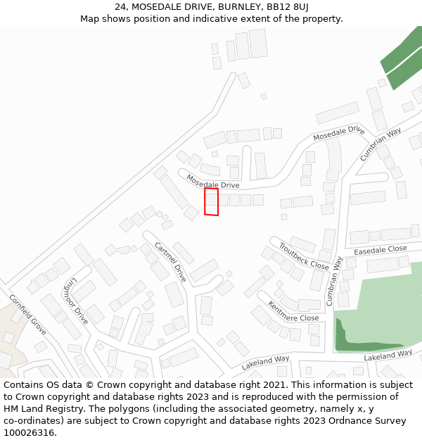 24, MOSEDALE DRIVE, BURNLEY, BB12 8UJ: Location map and indicative extent of plot