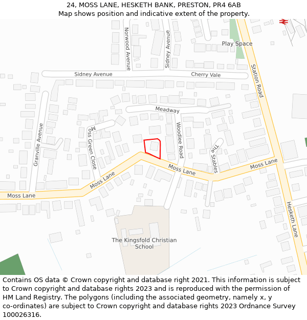 24, MOSS LANE, HESKETH BANK, PRESTON, PR4 6AB: Location map and indicative extent of plot