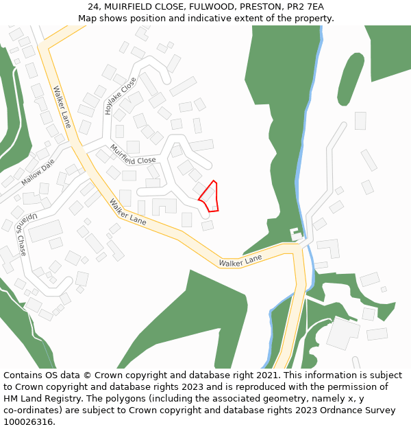 24, MUIRFIELD CLOSE, FULWOOD, PRESTON, PR2 7EA: Location map and indicative extent of plot