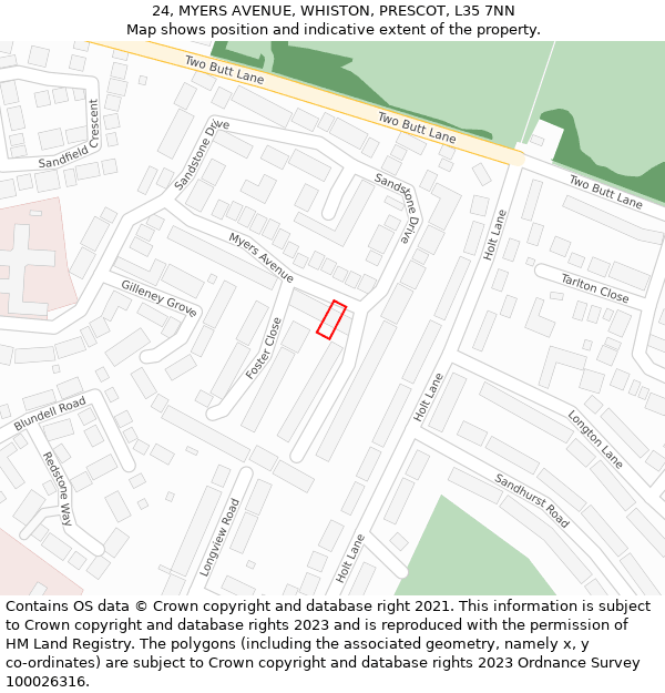 24, MYERS AVENUE, WHISTON, PRESCOT, L35 7NN: Location map and indicative extent of plot