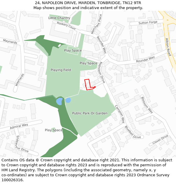 24, NAPOLEON DRIVE, MARDEN, TONBRIDGE, TN12 9TR: Location map and indicative extent of plot
