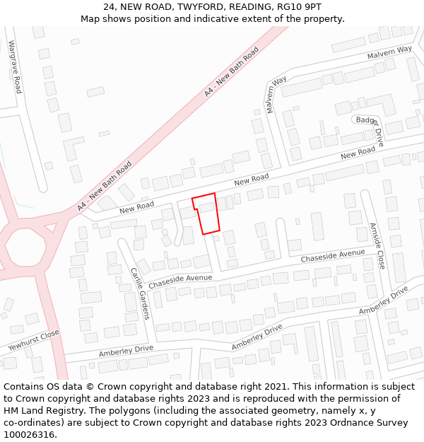 24, NEW ROAD, TWYFORD, READING, RG10 9PT: Location map and indicative extent of plot